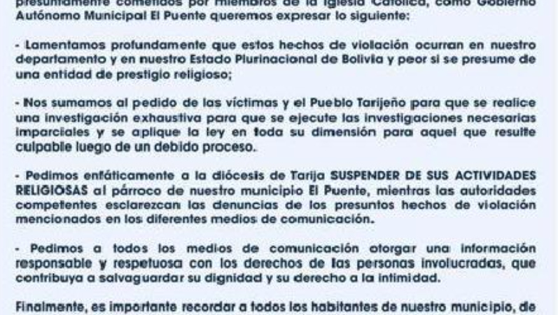 Alcaldia de El Puente de Tarija pide suspender a párroco acusado de acoso y abuso sexual