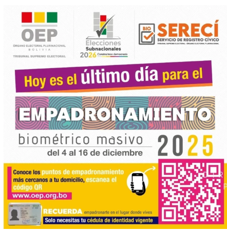TSE concluye este martes el empadronamiento masivo para las Elecciones Subnacionales 2026.